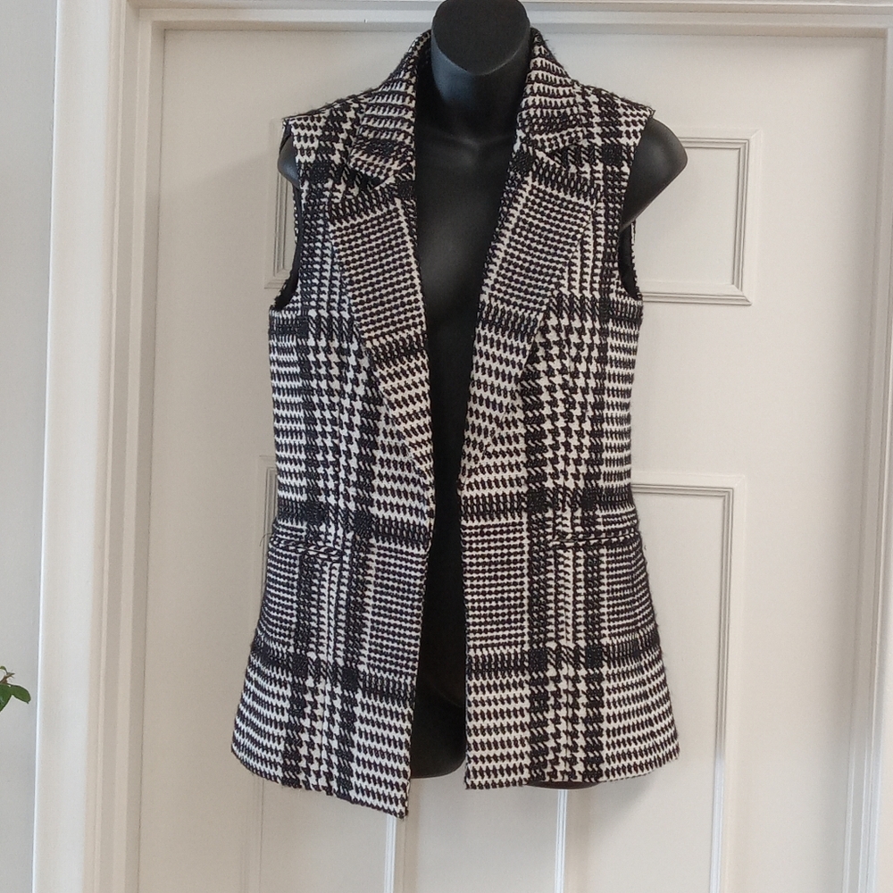 Theory Black & White Wool Blend Plaid Tailored Vest | Sleeveless Blazer | Size S